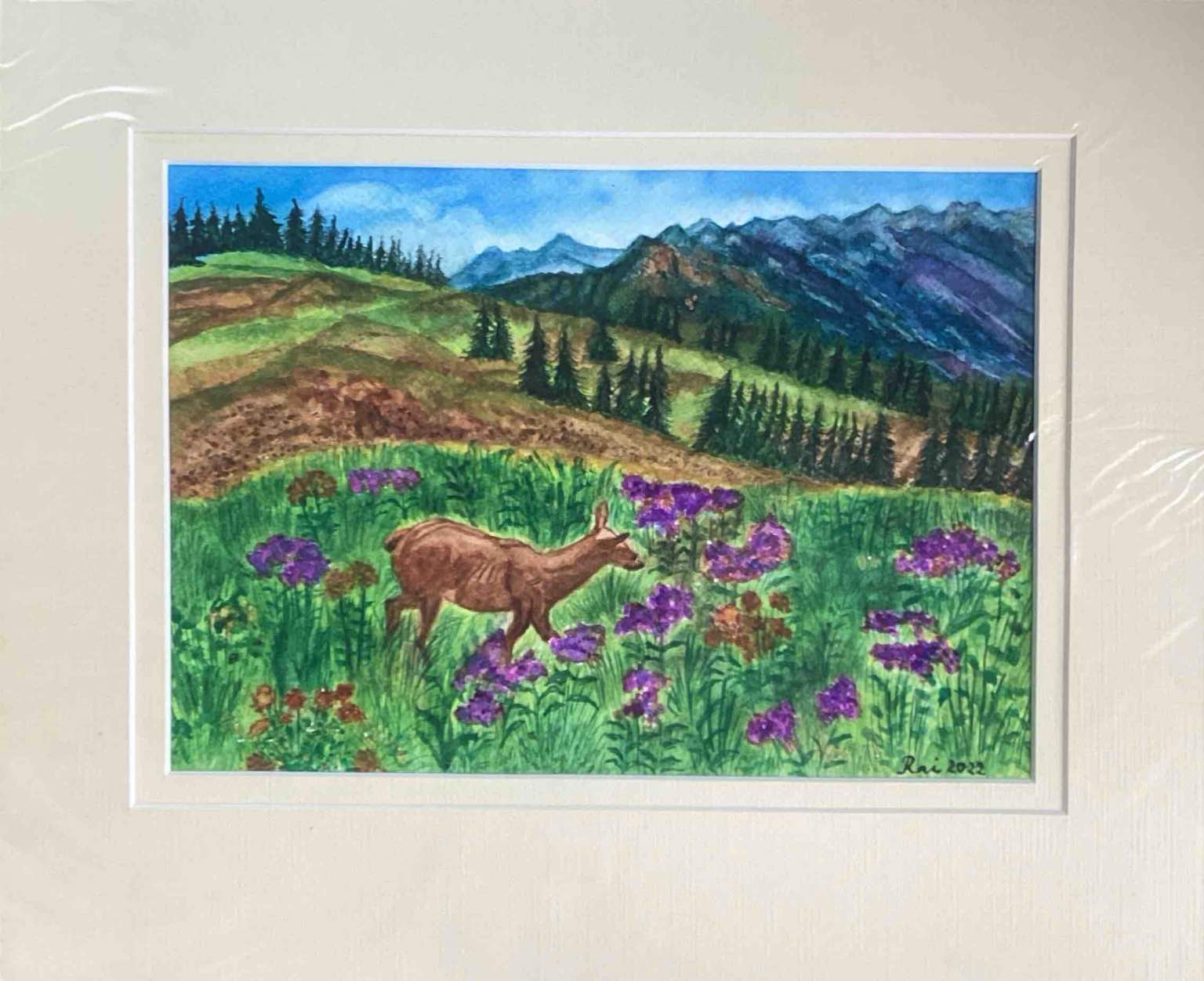 Lone deer grazing on mountain valley.
