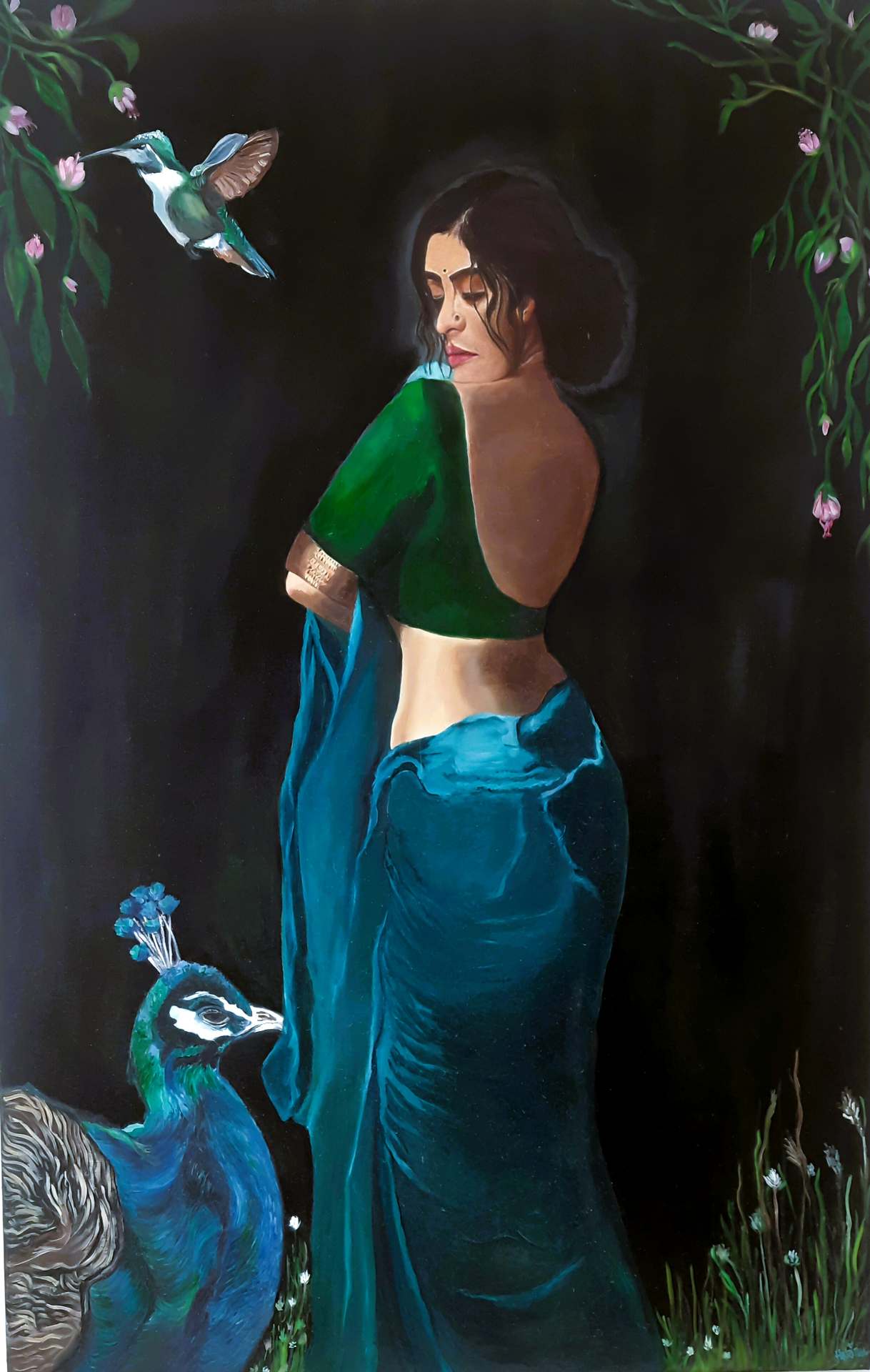Enchanted Peacock Grace – Original Oil Painting on Canvas (24 x 36 Inches)