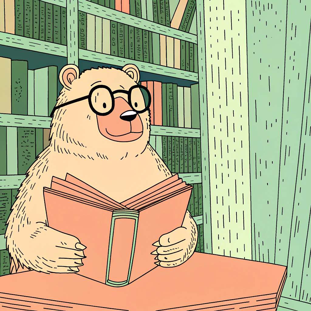 Cute Bear Reading Book in Library Cartoon Illustration