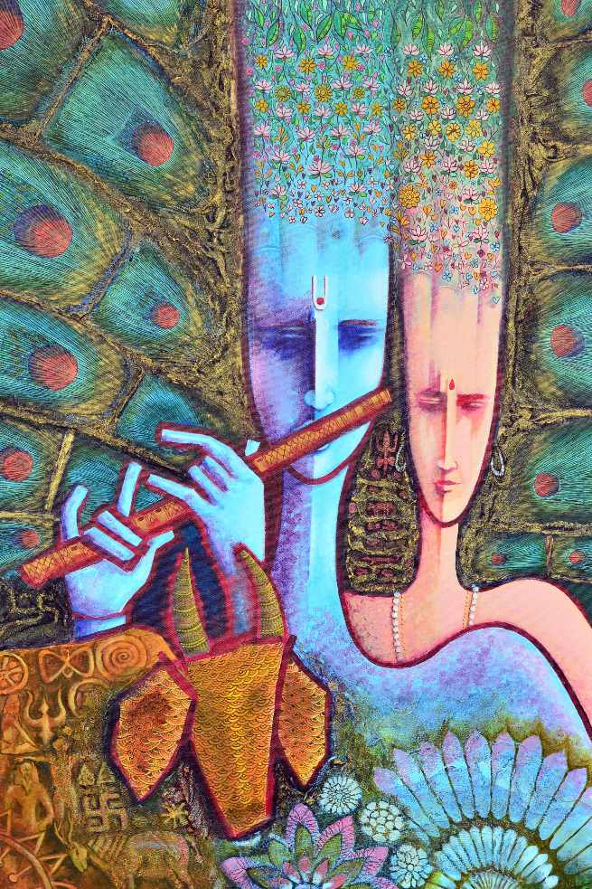 Radha Krishna & Peacock (K2) Indian style cultural painting