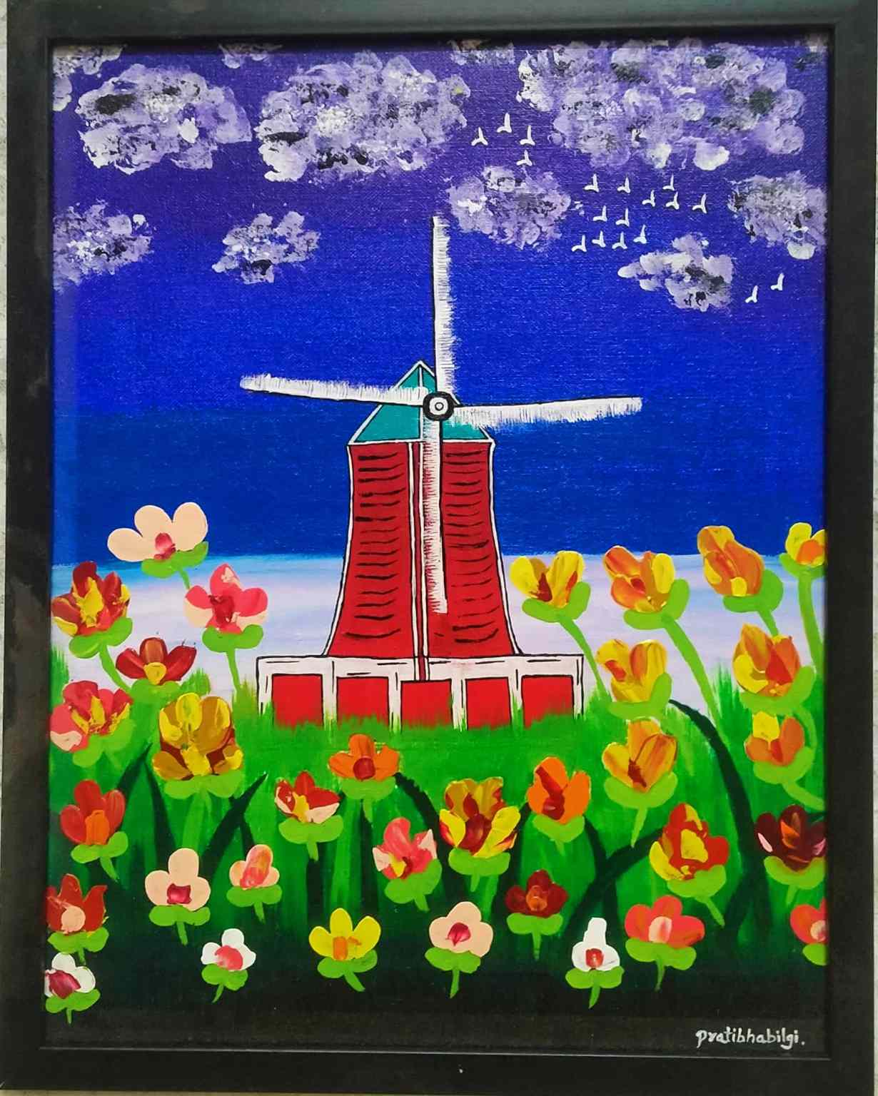 Vibrant Tulips and Windmill Serenity